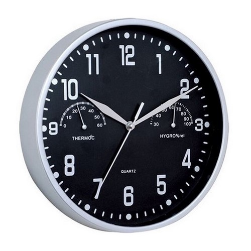 RELOJ PARED NEGRO/PLATA TERMOMETRO/HIGROMETRO 23CM